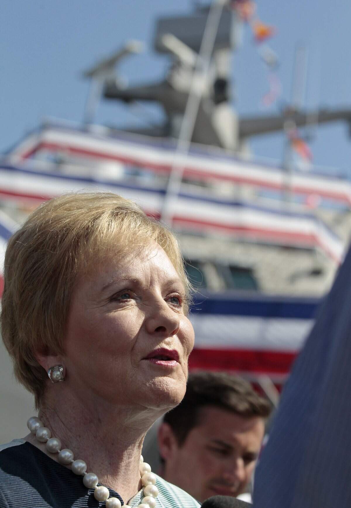 Congresswoman Kay Granger discusses the USS Fort Worth after it's commissioning ceremony in 2012 in Galveston.