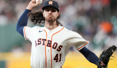 Houston Astros starting pitcher Spencer Arrighetti delivers to Baltimore Orioles' Adley Rutschman during the first inning of a baseball game, Saturday, July 18, 2026, in Houston.