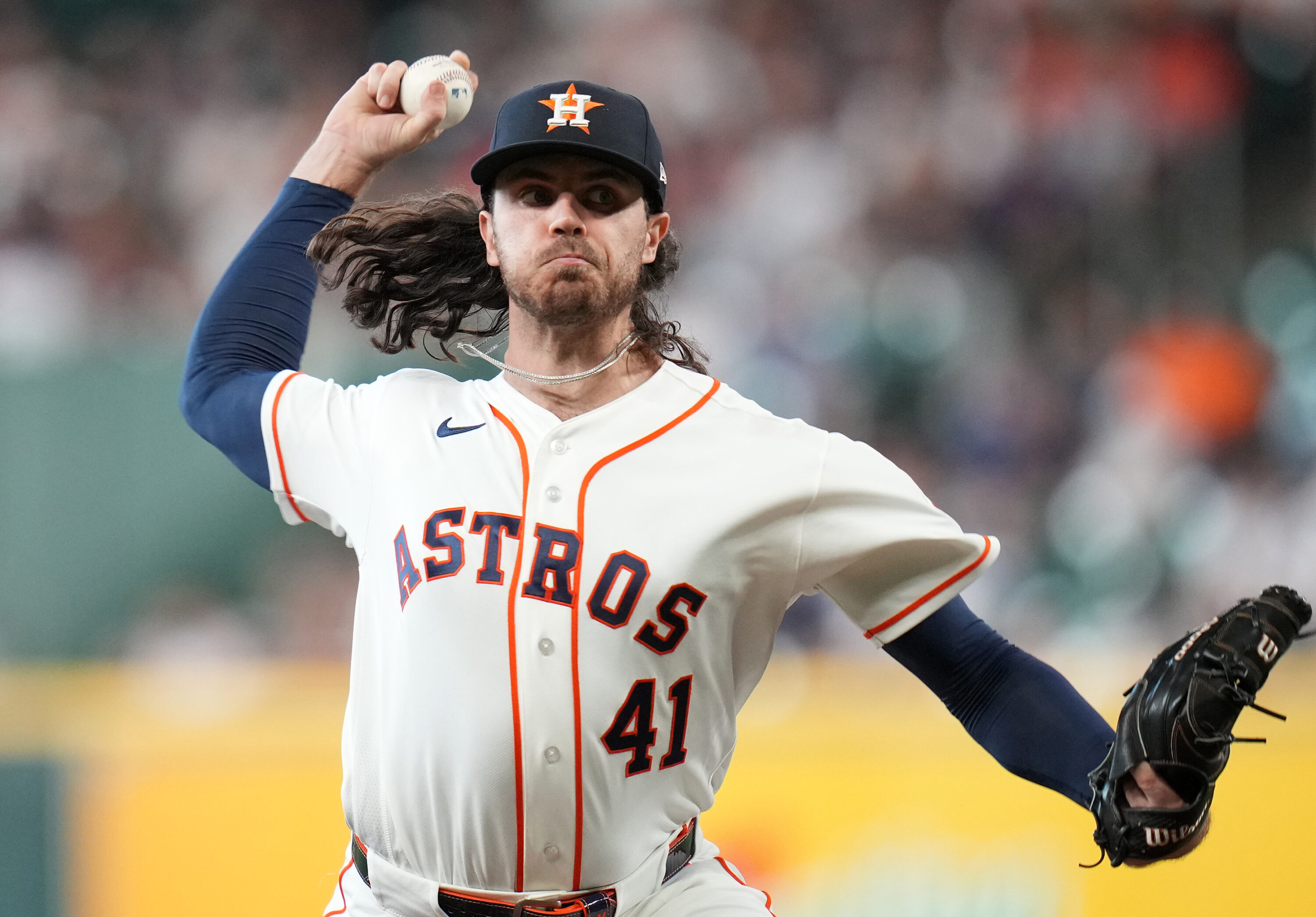 Houston Astros starting pitcher Spencer Arrighetti delivers to Baltimore Orioles' Adley Rutschman during the first inning of a baseball game, Saturday, July 18, 2026, in Houston.