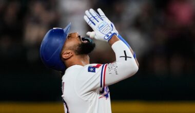 Texas Rangers' Ezequiel Duran celebrates his two-run double in the eighth inning a baseball game against the San Francisco Giants in Arlington, Texas, Tuesday, Aug. 4, 2026. (AP Photo/Tony Gutierrez)