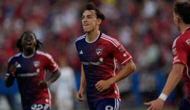 FC Dallas forward Petar Musa reacts to scoring a goal during the first half of an MLS soccer match against the Los Angeles Galaxy Saturday, July 13, 2024, in Frisco, Texas. (AP Photo/LM Otero)