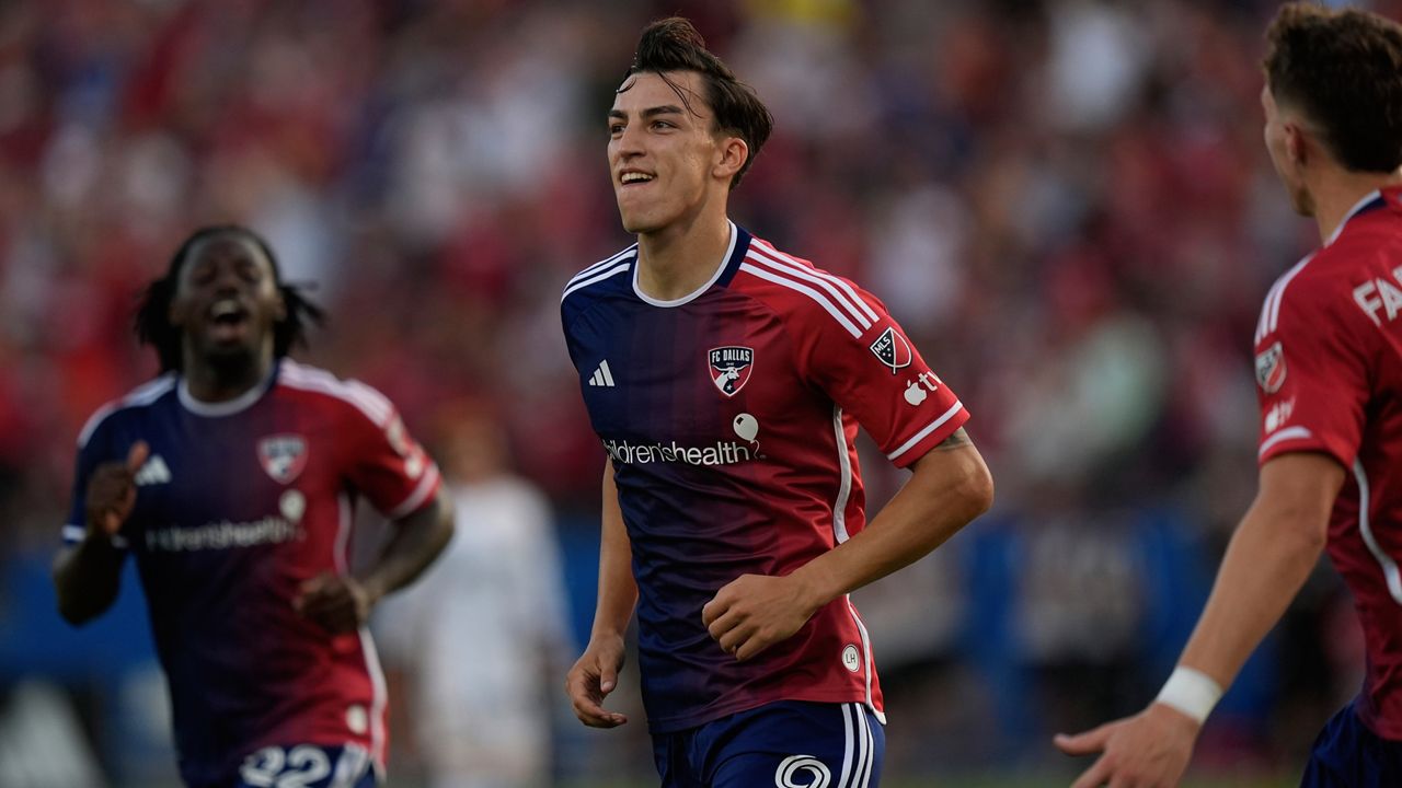 FC Dallas forward Petar Musa reacts to scoring a goal during the first half of an MLS soccer match against the Los Angeles Galaxy Saturday, July 13, 2024, in Frisco, Texas. (AP Photo/LM Otero)