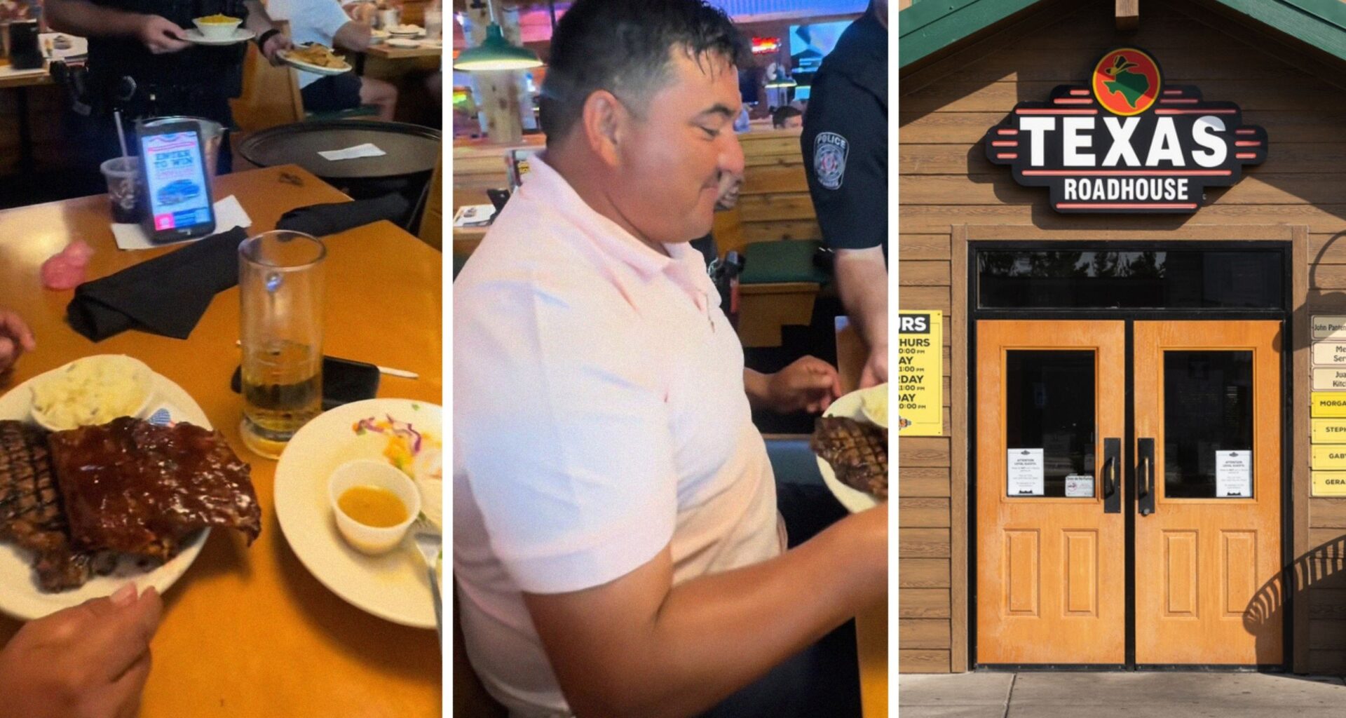 family goes out to dinner (l) family shares Texas roadhouse experience (c) Texas roadhouse entrance (r)