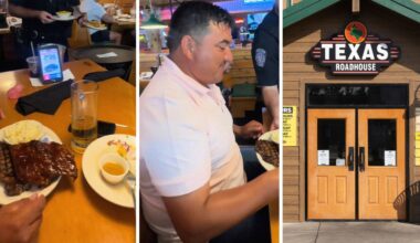 family goes out to dinner (l) family shares Texas roadhouse experience (c) Texas roadhouse entrance (r)