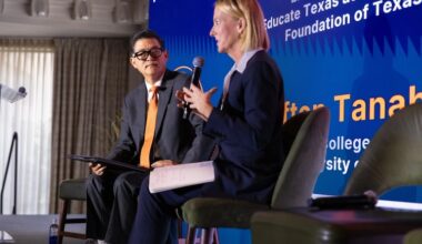 The UTEP College of Education hosted the “Built Here Summit: The Future of AI, Education and Work in El Paso,” a regional convening that marked the culmination of El Paso Computes, an initiative that aimed to build capacity for computer science and AI education in the Paso del Norte region. Picture: Dean Clifton Tanabe, Ph.D., and Kerri Briggs, executive director of Education Texas, who hosted a fireside chat highlighting the importance of people-centered AI policies. Credit: UTEP