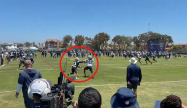 Dallas Cowboys safety/nickel Caleb Downs defends CeeDee Lamb in the end zone during training camp practice in Oxnard, California.
