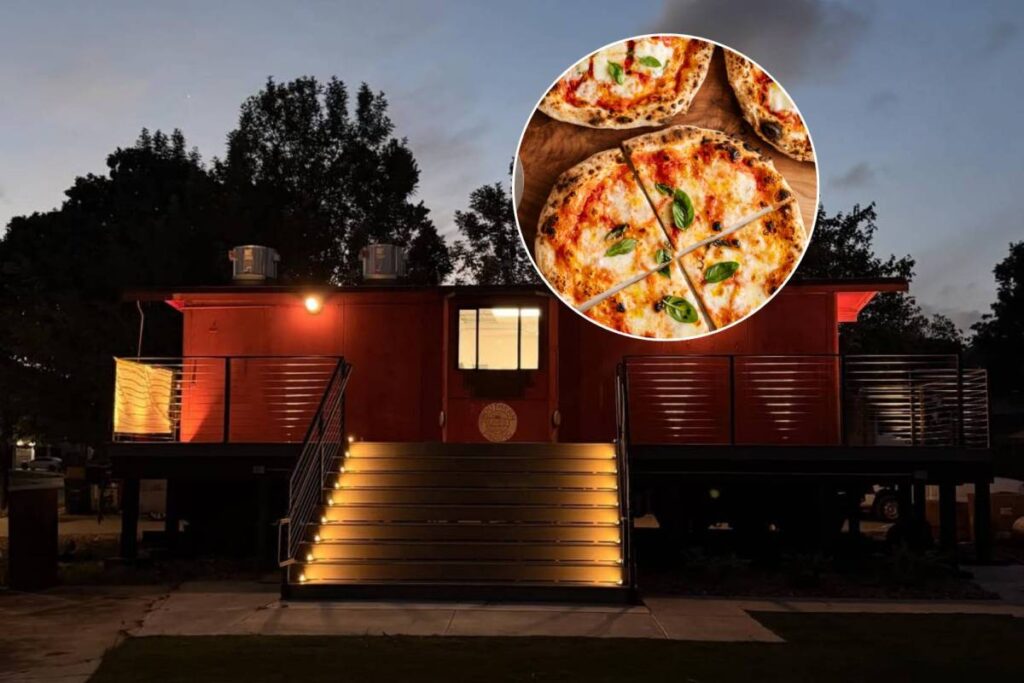 Image shows the Eastwood Station Italian concept housed inside a converted train car in Houston at night hours.
