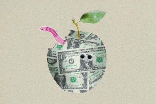 A collage of an apple made from US one-dollar bills with a real stem and leaf, featuring a cartoon pink worm emerging from a bite and googly eyes on George Washington’s face. This is for an article about school vouchers.