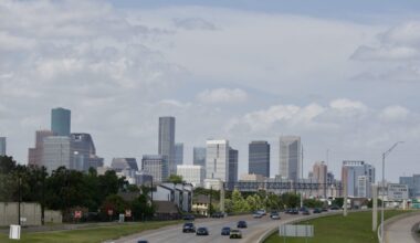 Motorist travel south on SH 288 with the Houston skyline in the background on June 27, 2026.