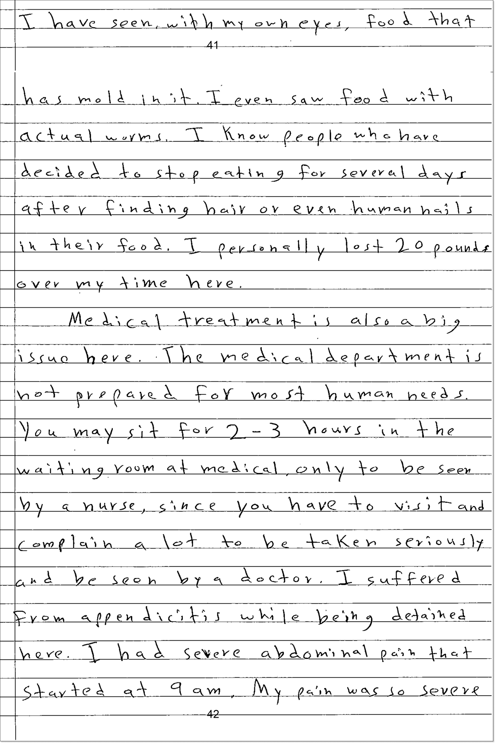 A letter written by Hayam’s 16-year-old son describes having seen food with mold and worms.