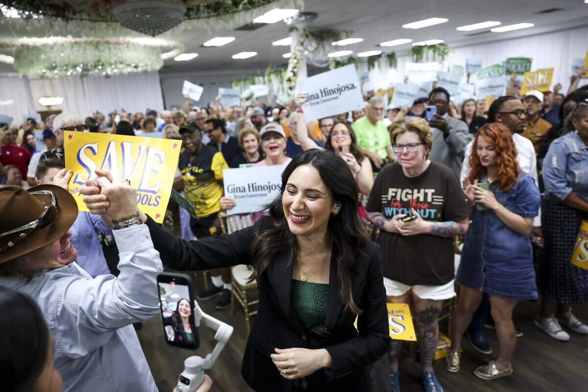 Rep. Gina Hinojosa, Democratic candidate for governor of Texas, is greeted by supporters at her rally at Eventos Licon on Tuesday, Aug. 25, 2026 in Fort Worth.