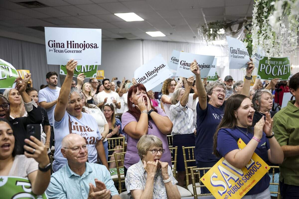 Supporters of Rep. Gina Hinojosa, Democratic candidate for governor of Texas, cheer for her during a rally at Eventos Licon on Tuesday, Aug. 25, 2026 in Fort Worth.