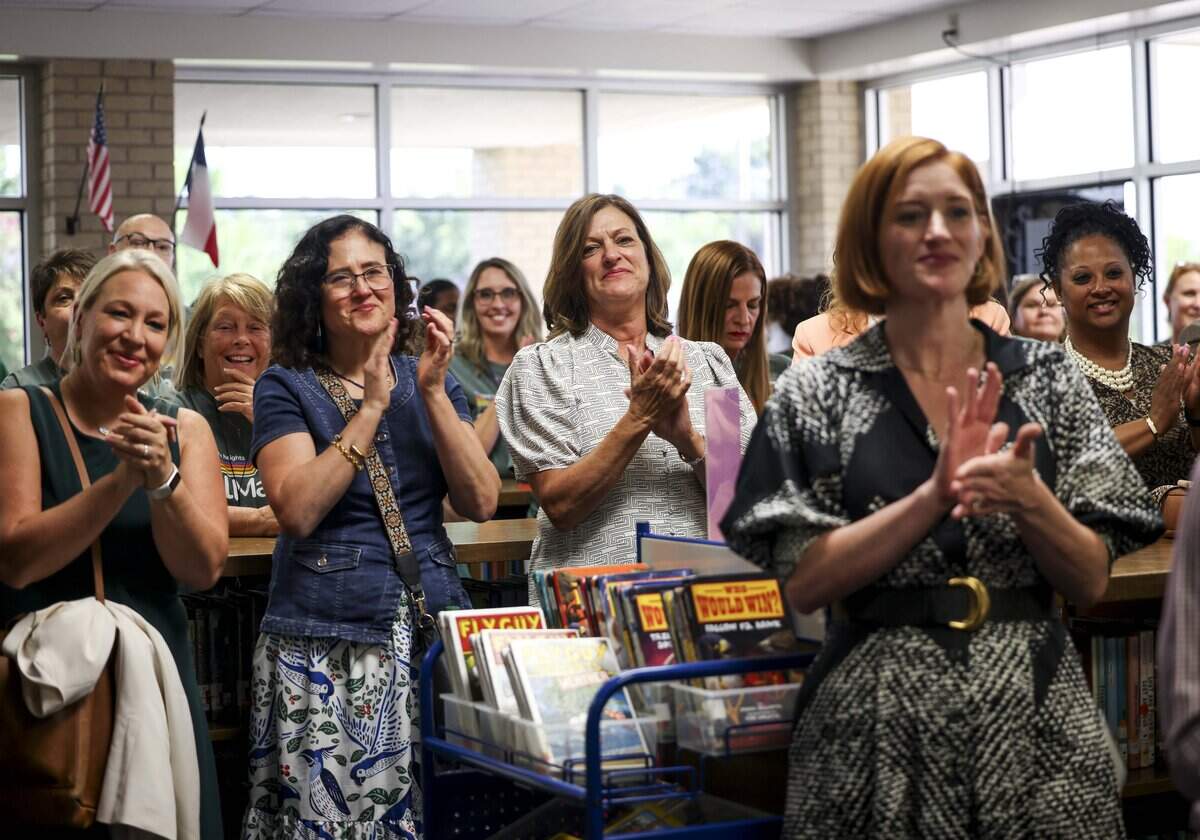 Teachers and staff of Bell Manor Elementary listen to Texas Education Commissioner Mike Morath talk about the release of the 2026 A-F accountability ratings on Friday, Aug. 14, 2026 in Bedford.
