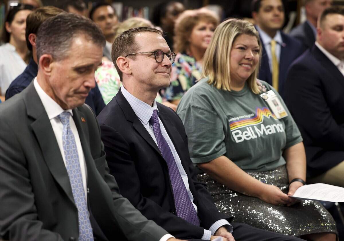 Texas Education Commissioner Mike Morath visits Bell Manor Elementary to talk about the release of the 2026 A-F accountability ratings on Friday, Aug. 14, 2026 in Bedford.