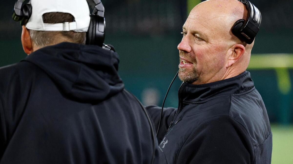 Aledo head coach Robby Jones talks with one of his staff on the sidelines in a Conference 5A Division 1 UIL Regional football playoff game at Choctaw Stadium in Arlington, Texas, Friday, Oct. 24, 2023. Aledo head coach Robby Jones talks with one of his staff on the sidelines in a Conference 5A Division 1 UIL Regional football playoff game at Choctaw Stadium in Arlington, Texas, Friday, Oct. 24, 2023.