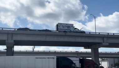 A stolen Fort Worth Fire Department ambulance on the upper deck of Interstate 35 in Austin, Texas, on Thursday, Aug. 13, 2026. (Spectrum News 1)