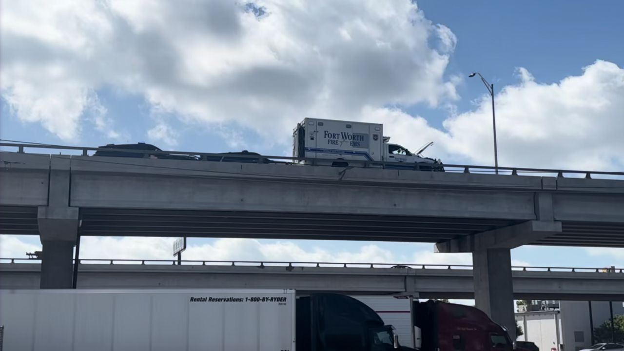 A stolen Fort Worth Fire Department ambulance on the upper deck of Interstate 35 in Austin, Texas, on Thursday, Aug. 13, 2026. (Spectrum News 1)