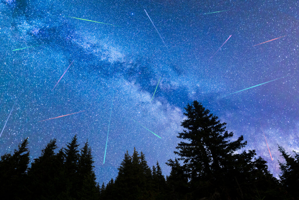 Image shows a meteor shower behind a silhouette of a tree line.