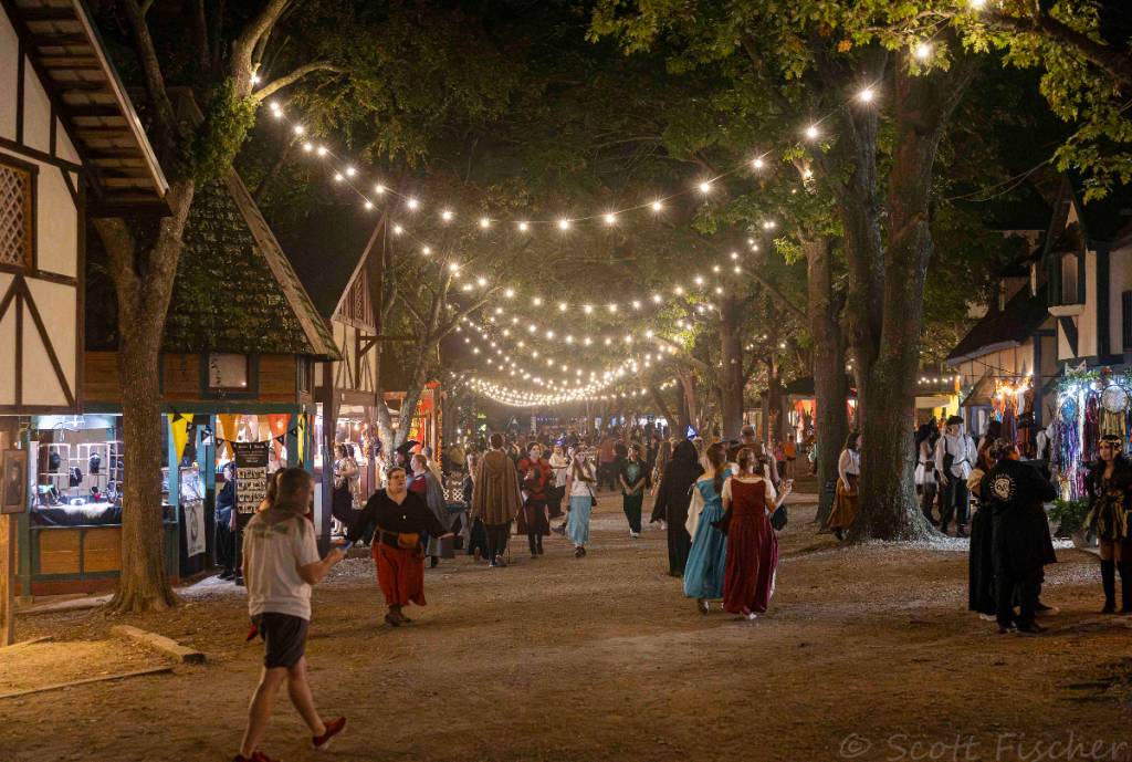Image shows the grounds of the Scarborough's Hollow festival at evening featuring guests and lights strung between trees. 