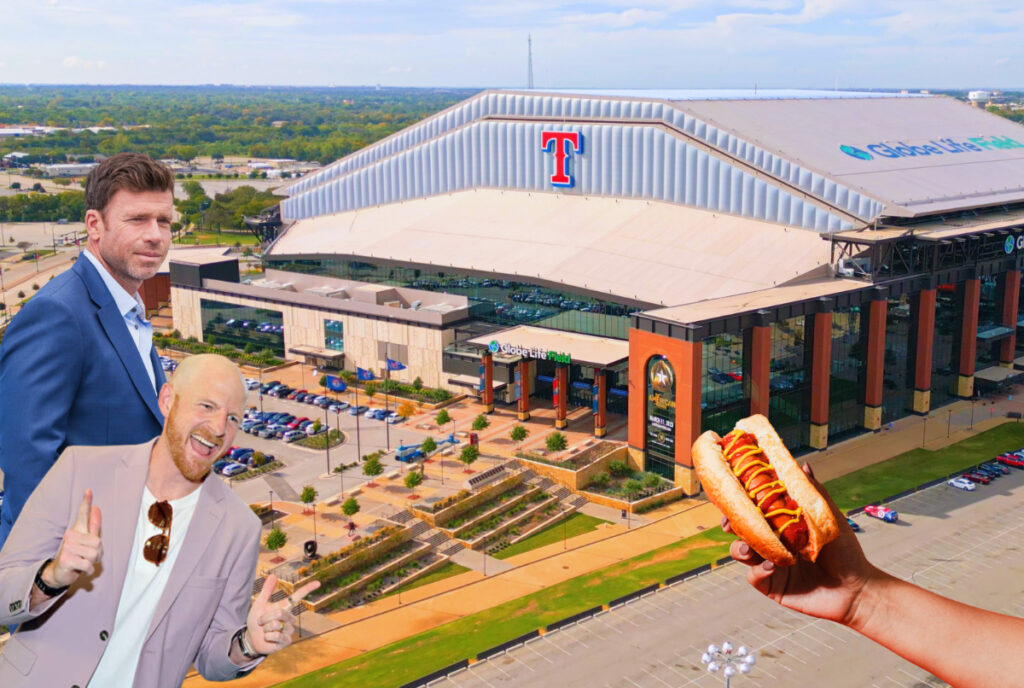 Image shows Globe Life Field with a collage of other images superimposed on top that include Taylor Sheridan, Dude Perfect, and a hotdog.