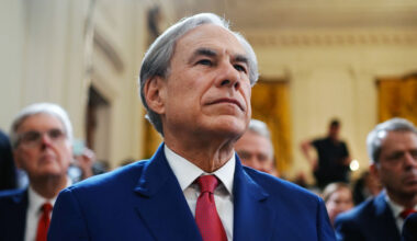 Greg Abbott, governor of Texas, as US President Donald Trump, not pictured, speaks before an executive order signing in the East Room of the White House in Washington, DC, US, on Thursday, March 20, 2025. The order directs the secretary of education to take steps to close the department and "return education authority to the States," according to a White House fact sheet on the order. Photographer: Bonnie Cash/UPI/Bloomberg via Getty Images