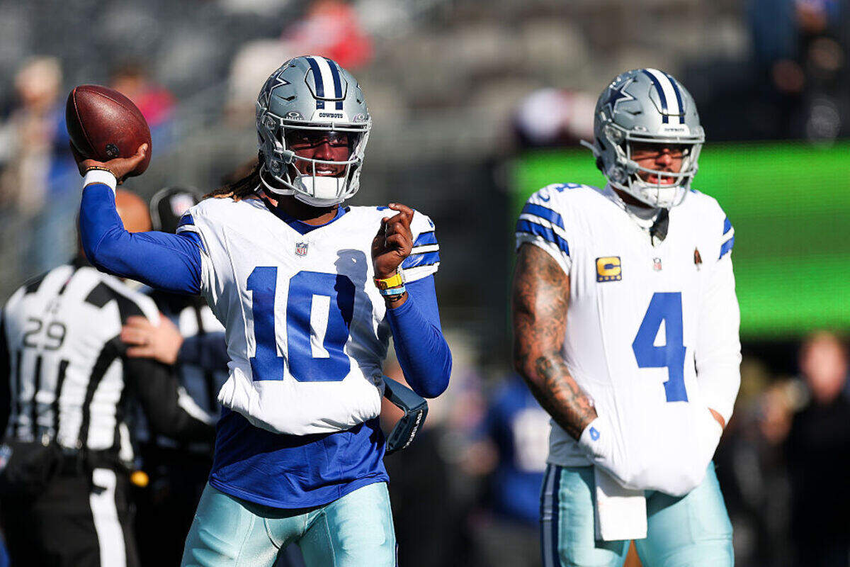 EAST RUTHERFORD, NEW JERSEY - JANUARY 04: Joe Milton III #10 of the Dallas Cowboys warms up prior to the game against the New York Giants at MetLife Stadium on January 04, 2026 in East Rutherford, New Jersey. The New York Giants won 34-17. (Photo by Ishika Samant/Getty Images)