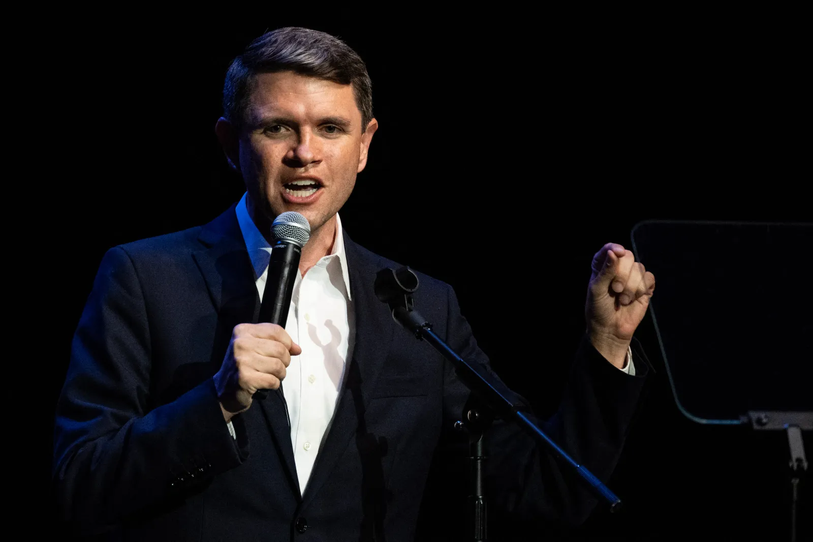 Senate candidate James Talarico speaks at a campaign rally during his "New American Dream Tour" in Pasadena, Texas, on August 9. (Photo by Ronaldo Schemidt/AFP via Getty Images)