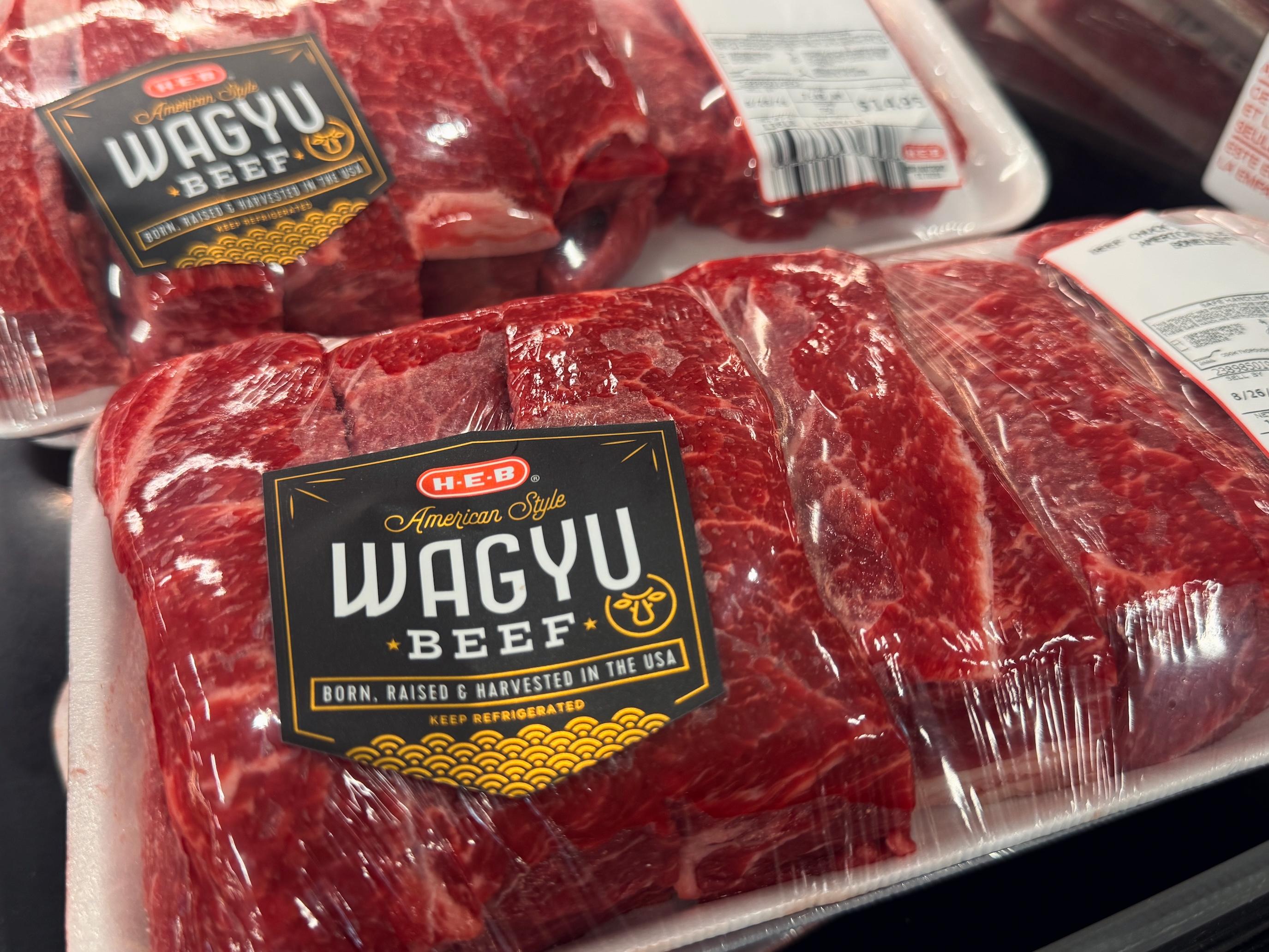 a package of wagyu beef at HEB with a label