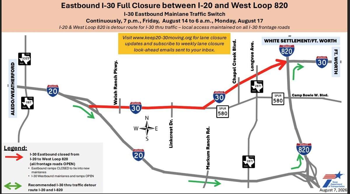 Nearly six miles of eastbound I-30 between I-20 and West Loop 820 will close at 7 p.m. Friday, Aug. 14, and won’t reopen until 6 a.m. Monday, Aug. 17.
