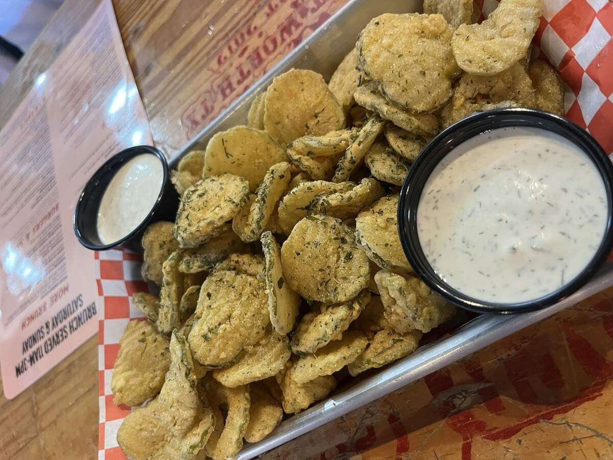 Fried Best Maid pickles with dill ranch at Bearded Lady in South Main Village of Fort Worth. Fried pickles are one of the $5 appetizer offerings during the pub’s happy hour.