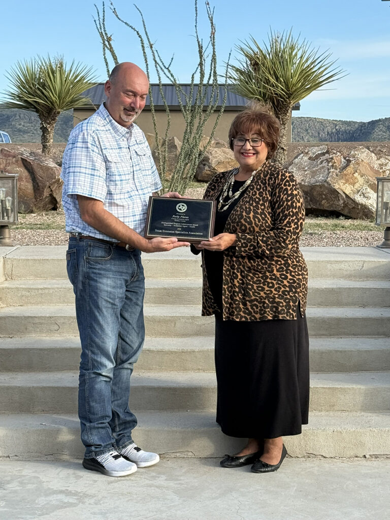 a man presented a plaque to a woman in a brown outfit in front of steps outside