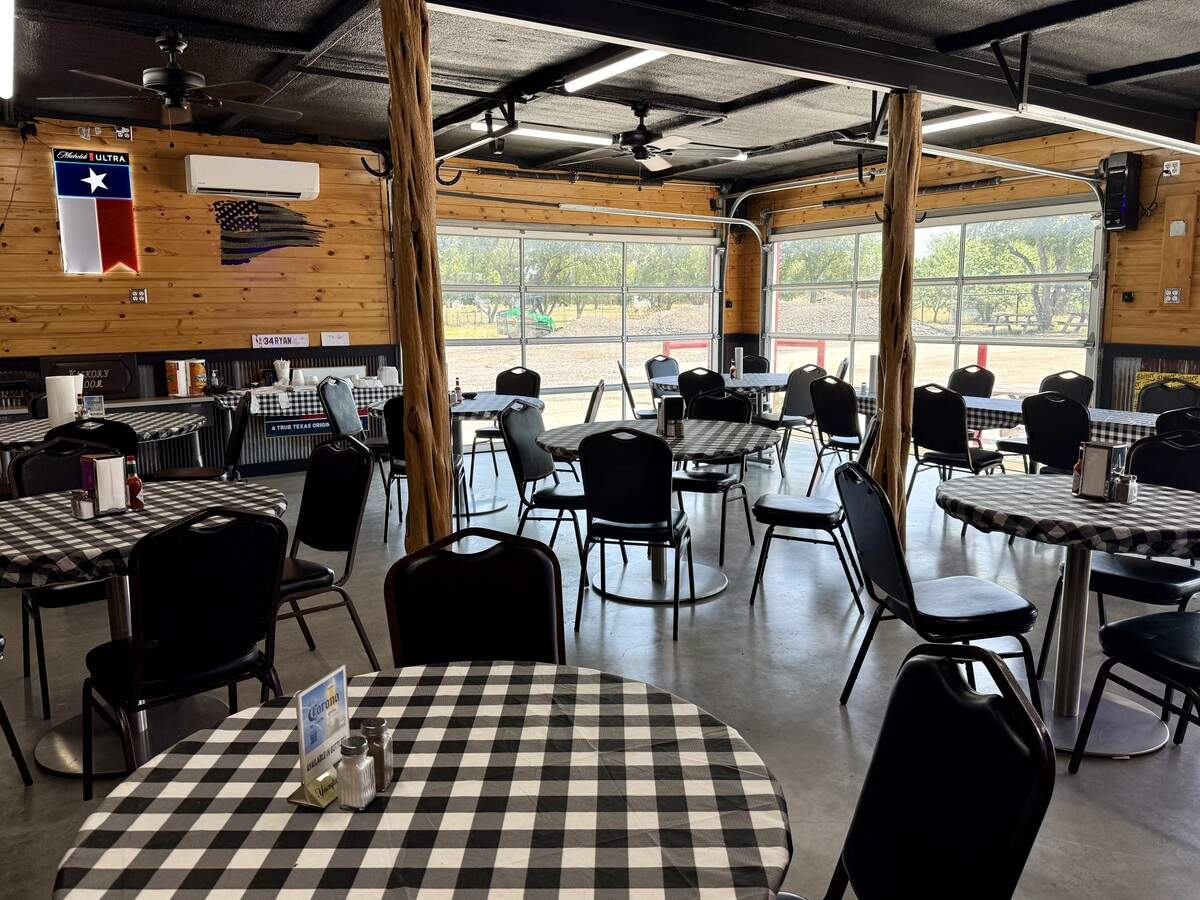 A large patio with sliding doors at Hickory Stick Bar-B-Q, open since 1976 in Everman, Texas.