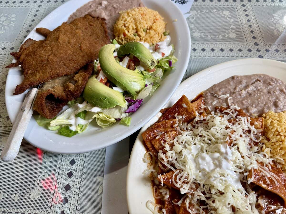 “Orejas de elefante” – “elephant ears” – double milanesa and chilaquiles with hot-hot chipotle morita salsa at La Tortilandia, seen Aug. 15, 2026.