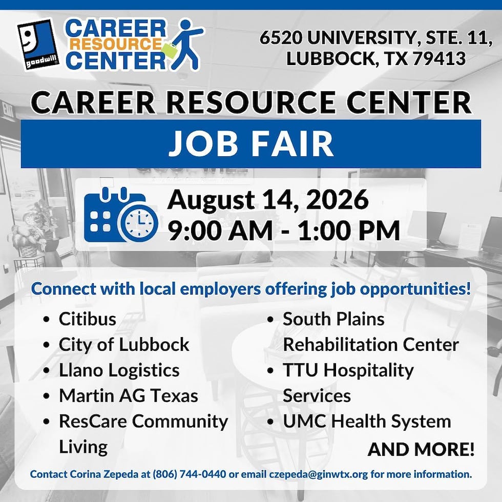 The Goodwill Career Resource Center is hosting a job fair Friday, Aug. 14, from 9 a.m. to 1...