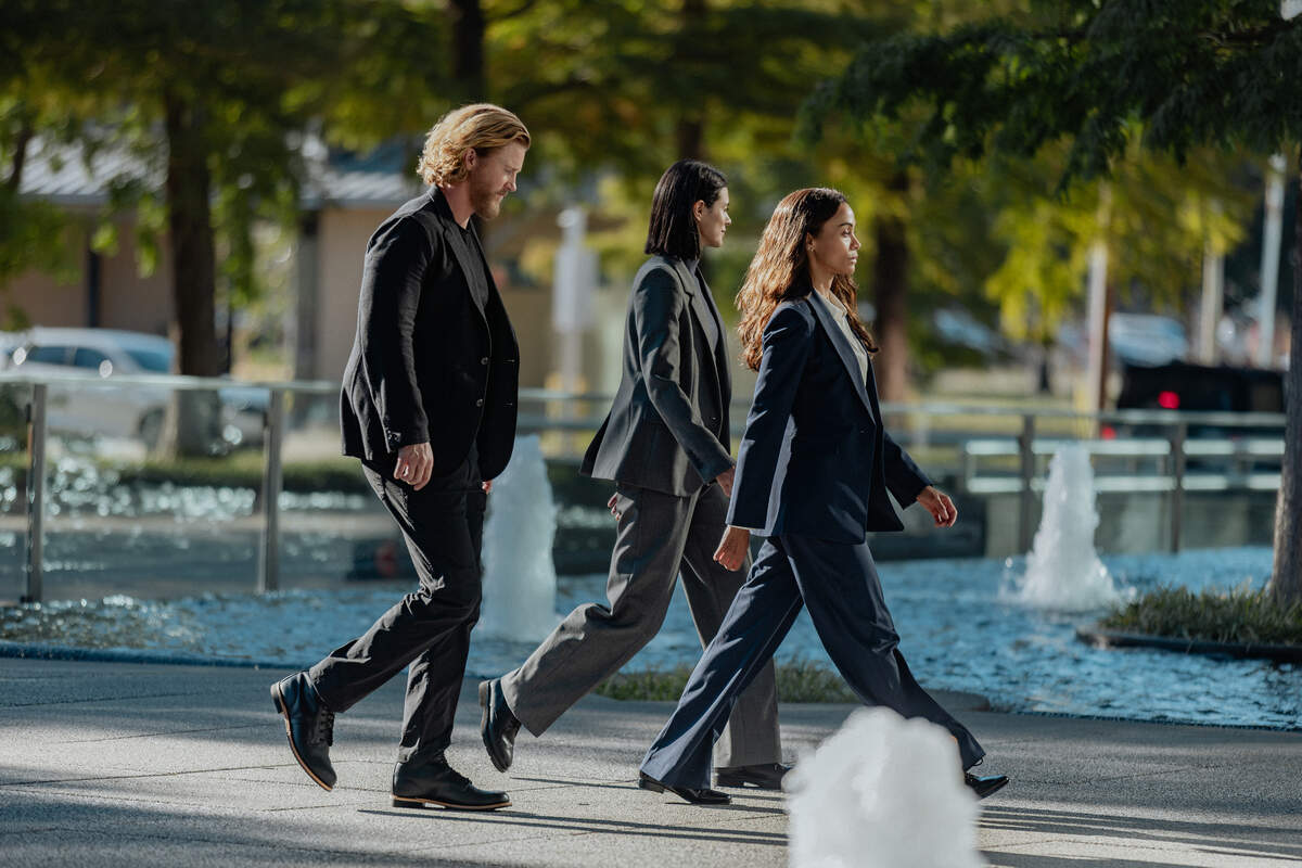 L-R: Thad Luckinbill as Kyle, Laysla De Oliveira as Cruz, Zoe Saldaña as Joe in “Lioness,” episode 3, season 3, streaming on Paramount+, 2026.