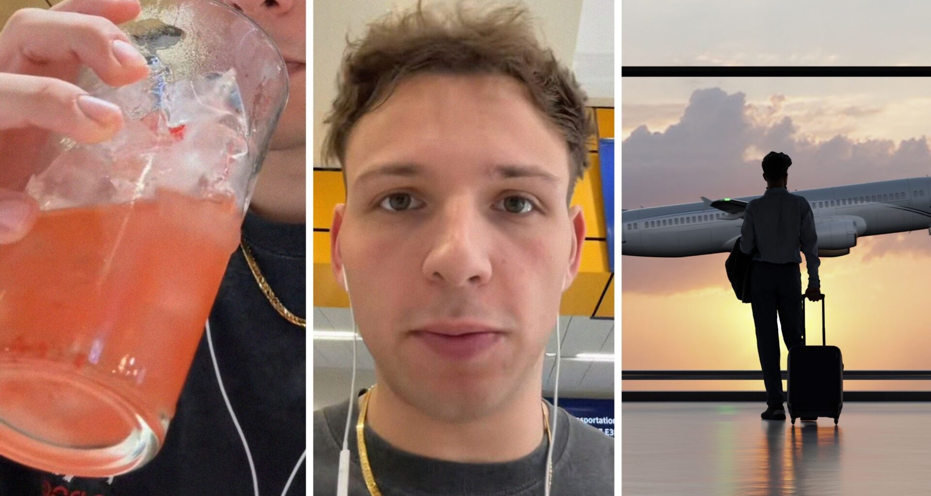 man having a cocktail (l) man shares airport experience (c) man arrives to airport (r)
