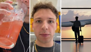 man having a cocktail (l) man shares airport experience (c) man arrives to airport (r)