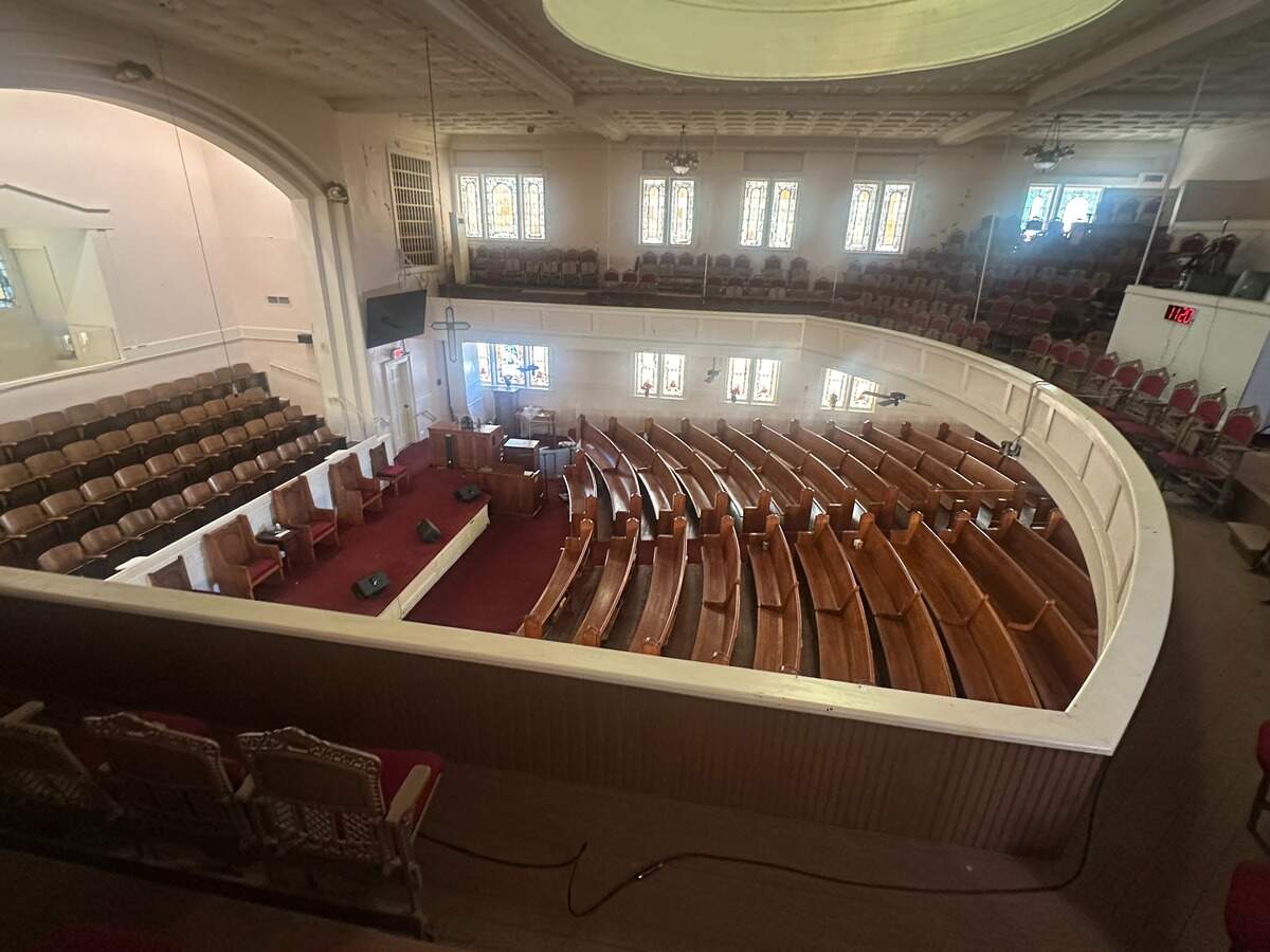 The original view of the performance hall for Mt. Gilead Baptist Church that will be transformed into a performance art center to celebrate the building’s historical identity and legacy.