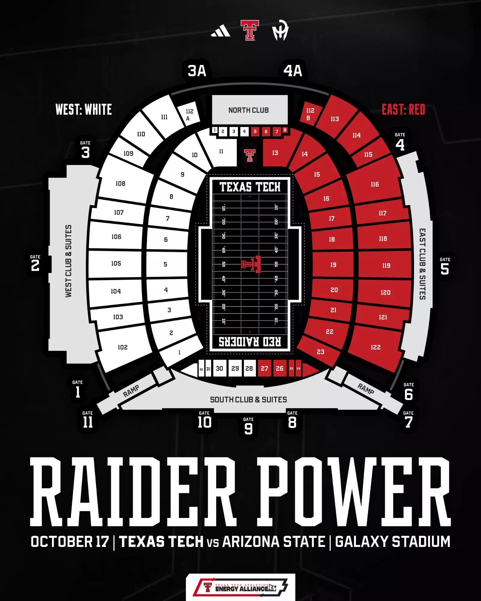 Graphic of the Galaxy Stadium map for the Nov. 7 game against West Virginia which designates fan color scheme.
