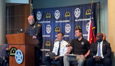Dallas Police officials speaks on security plans for Republican Midterm Convention at police headquarters.