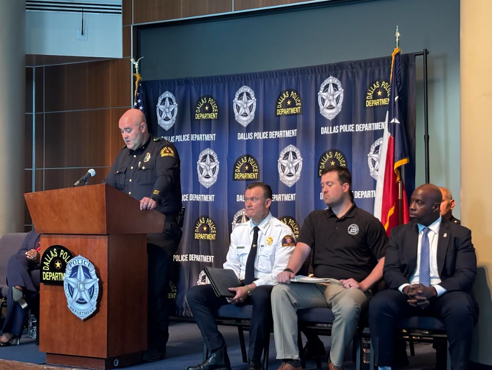 Dallas Police officials speaks on security plans for Republican Midterm Convention at police headquarters.