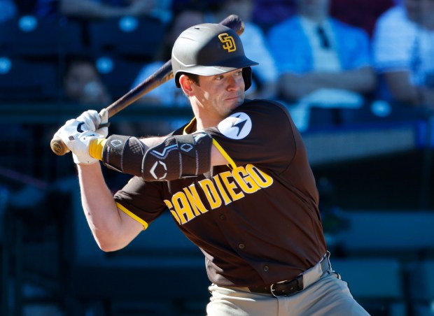 Surprise, AZ - February 21: Nick Solak #15 of the San Diego Padres bats during a spring training game against the Kansas City Royals on February 21, 2026 in Surprise, AZ. (K.C. Alfred / The San Diego Union-Tribune)