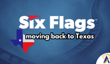 Six Flags headquarters moving back to Texas with texas graphic and six flags logo
