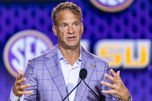 Head Coach Lane Kiffin of the LSU Tigers speaks at SEC Football Kickoff Media Day at Tampa Marriott Water Street on July 23, 2026 in Tampa, Florida. (Photo by Parker S. Freedman/Getty Images)