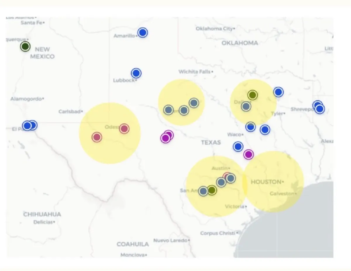 Map showing hotspot power areas and data center projects that are under construction or operational, according to Brockovich AI Data Center Reporting. Brockovich AI Data Center Reporting / Newsweek