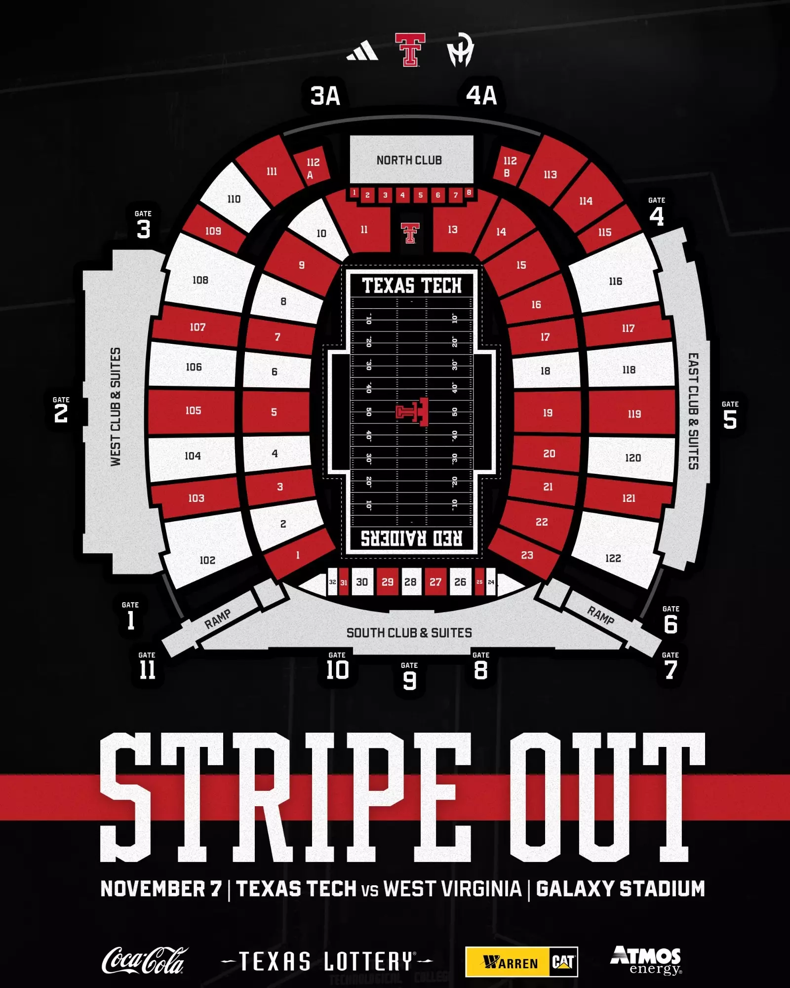 Map of Galaxy Stadium of the fan color scheme "stripe out" designations for the Nov. 7 game against West Virginia.