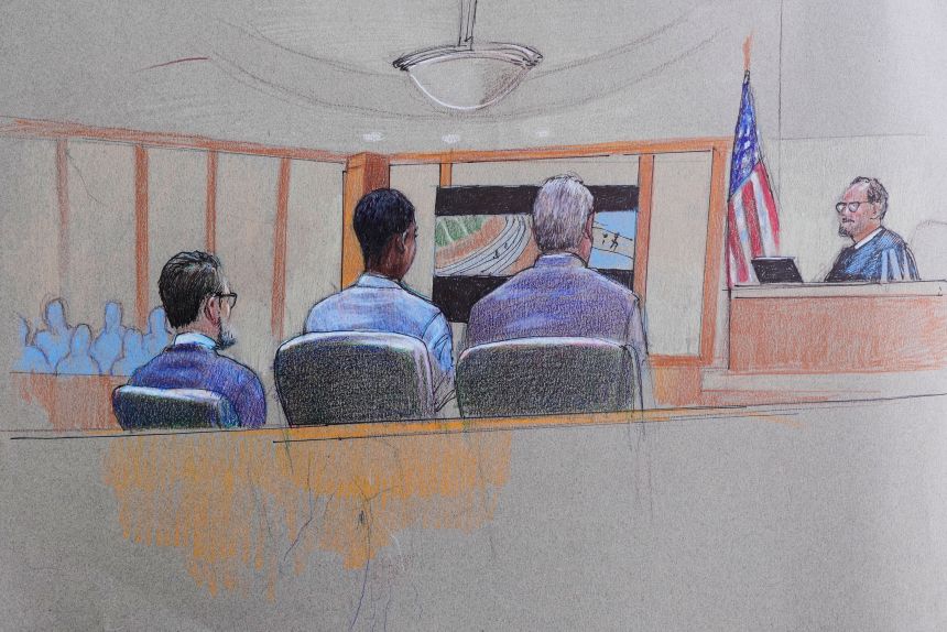 A courtroom sketch shows Karmelo Anthony, center, at the defense table, the jury on the left and the presiding judge on the right during the trial, on June 4.
