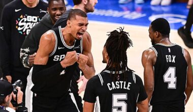 OKLAHOMA CITY, OKLAHOMA - MAY 30: Victor Wembanyama #1 of the San Antonio Spurs celebrates with Stephon Castle #5 and De'aaron Fox #4 after defeating the Oklahoma City Thunder with a score of 111 to 103 to win Game Seven of the NBA Western Conference Finals at Paycom Center on May 30, 2026 in Oklahoma City, Oklahoma. NOTE TO USER: User expressly acknowledges and agrees that, by downloading and or using this photograph, User is consenting to the terms and conditions of the Getty Images License Agreement. (Photo by Joshua Gateley/Getty Images)