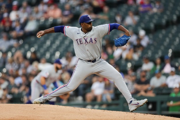 Rangers pitcher Kumar Rocker (80) pitches during the first inning against the White Sox at Rate Field Aug. 24, 2026 in Chicago. (Armando L. Sanchez/Chicago Tribune)