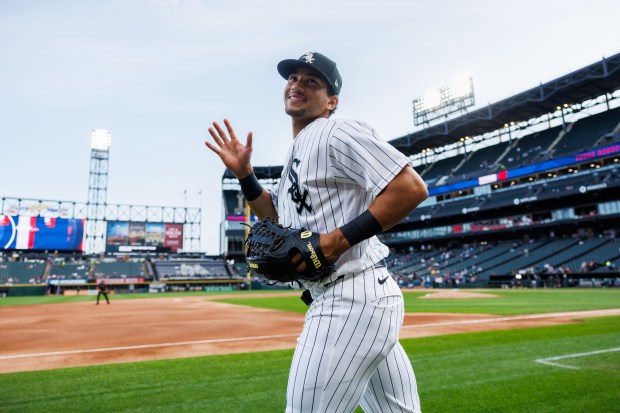 White Sox right fielder Braden Montgomery (24) runs to the field before the first inning against the Rangers at Rate Field Aug. 24, 2026 in Chicago. (Armando L. Sanchez/Chicago Tribune)